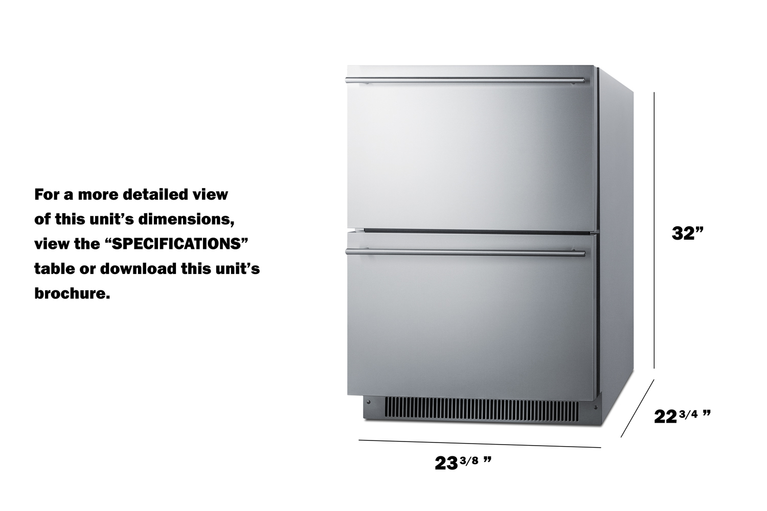 Commercially listed ENERGY STAR certified 2-drawer frost-free freezer in stainless steel designed for indoor or outdoor use under standard or ADA compliant counters